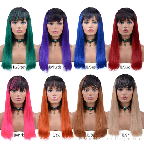 Pre Colored Human Hair Wigs With Bangs Pink Purple Blue Red Grey Green 99J Ombre Color Brazilian Hair Wigs For Black Women